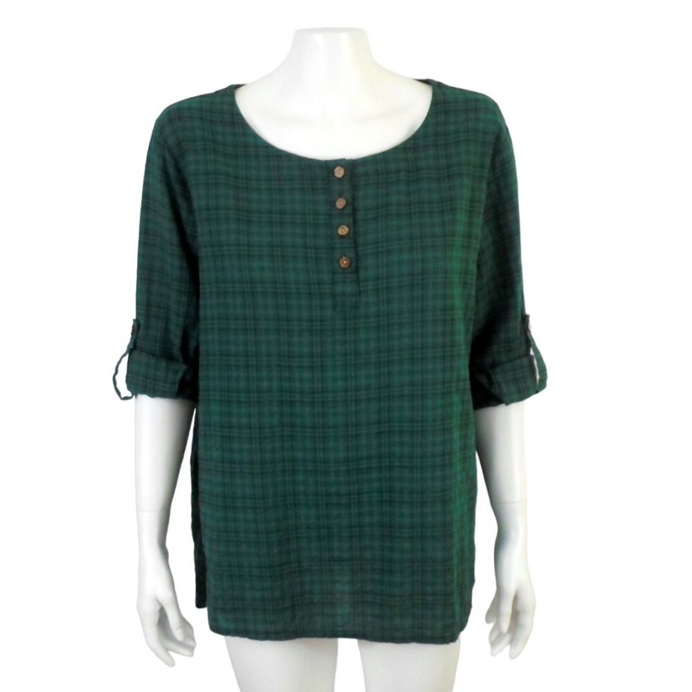 Cellabie Green Plaid Henley Roll Tab Long Sleeve Tunic Top